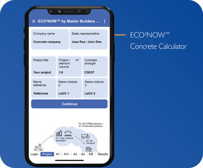 Screenshot of ECO2NOW™ Concrete Calculator app on a tablet, for assessing environmental impact of concrete mixtures - Master Builders Solutions.